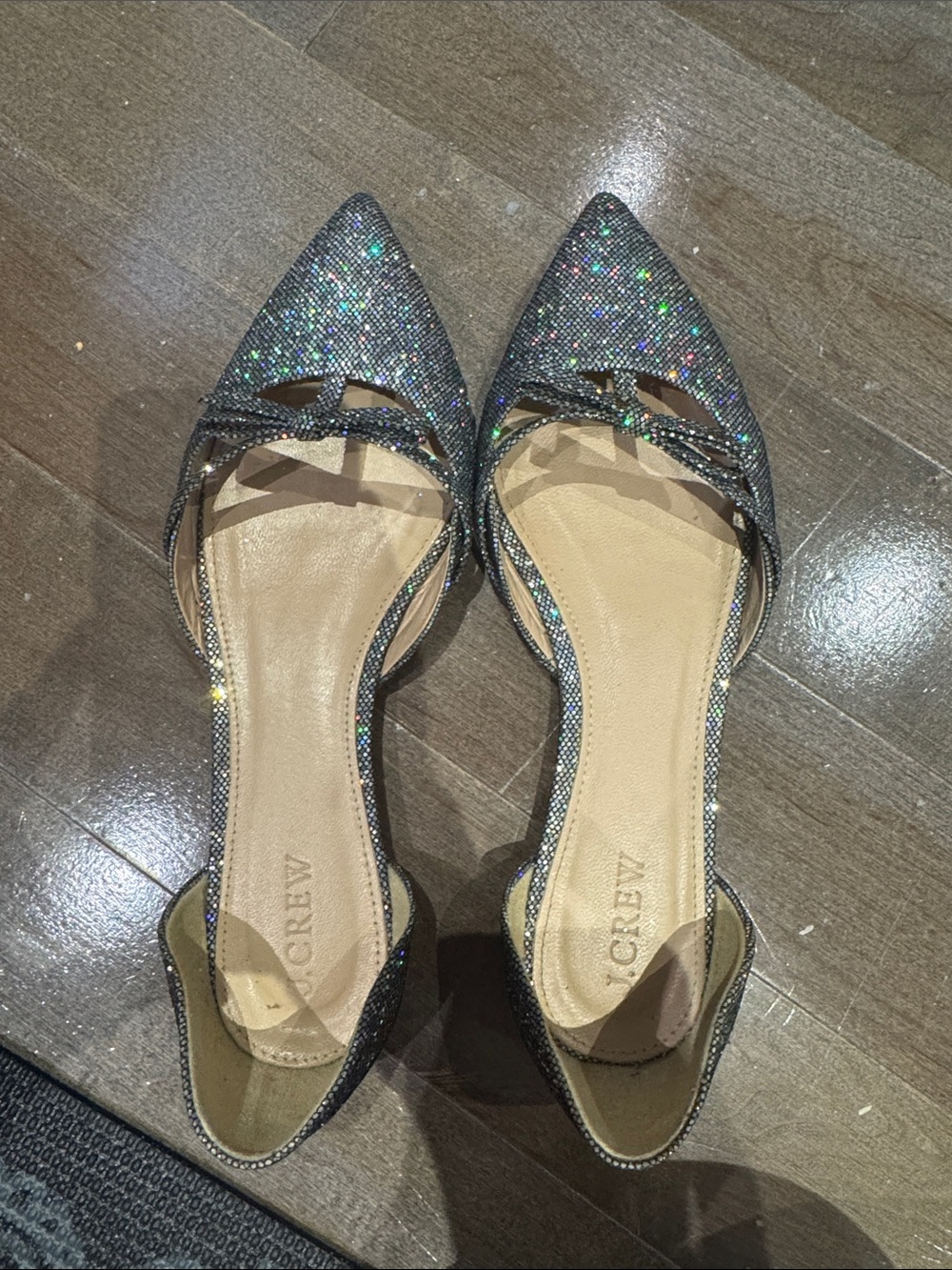 J. Crew Sparkling Silver Holographic Pointed D'Orsay Flats